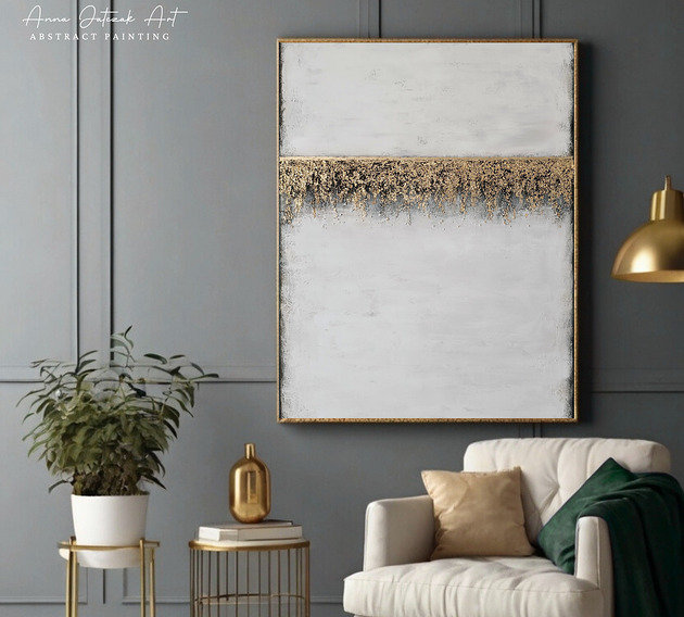 obrazy ZŁOTA GRANICA Abstrakcyjny obraz ręcznie malowany ze złotem, 100 x 70 cm