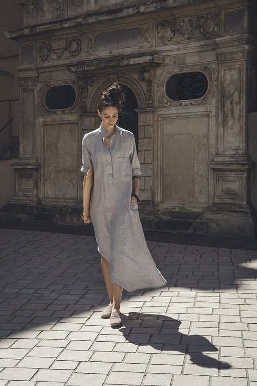 sukienki maxi damskie Lniana sukienka koszulowa szaro błękitna