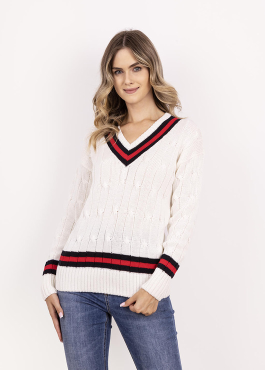 swetry damskie  Sweter z ozdobnym dekoltem w serek - SWE304 ecru/granat/czerwony MKM