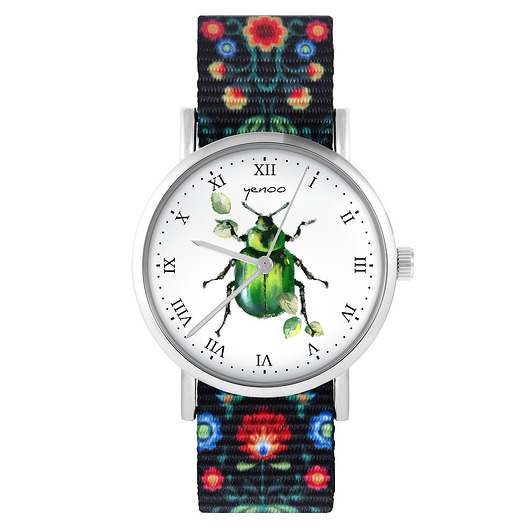 zegarki damskie Zegarek - Zielony żuczek - folk czarny, nylonowy