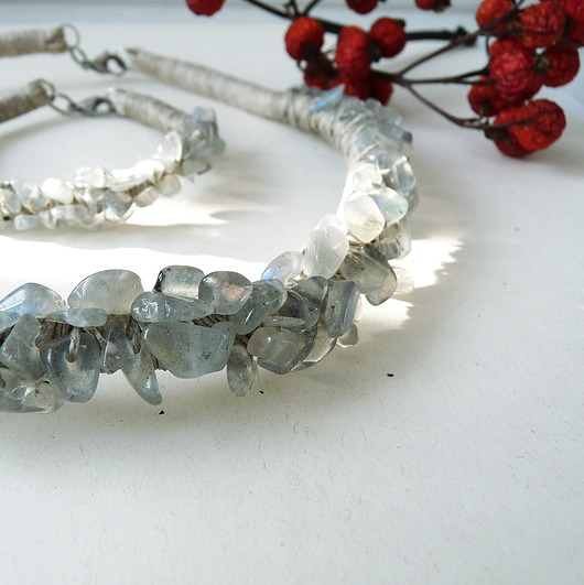 komplet biżuterii Labradoryt i len oryginalny komplet