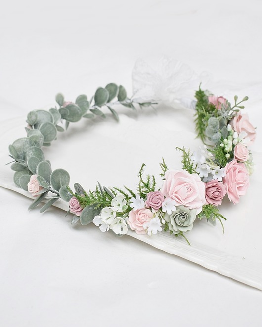 wianki komunijne Wianek komunijny  eukaliptus, róż biel