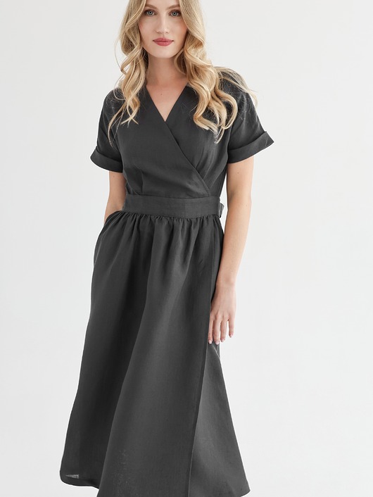 sukienki midi damskie Lniana Sukienka JASMINE DEEP BLACK