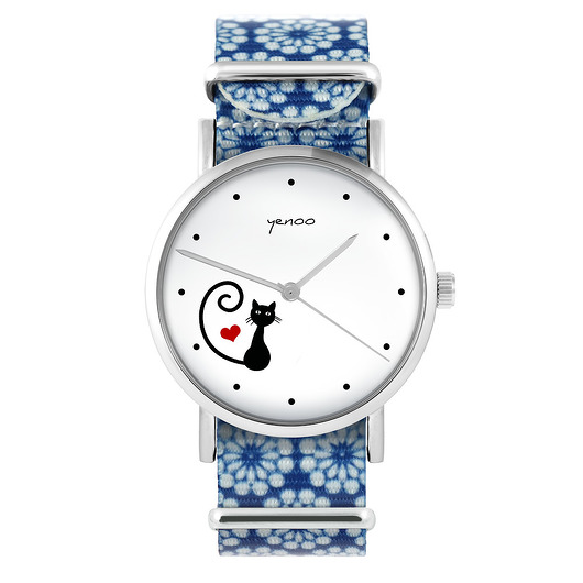 zegarki damskie Zegarek - Kotek, serce - niebieski, kwiaty