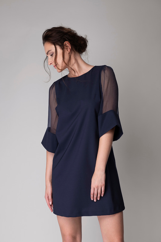 sukienki mini damskie Dark sky dres - elegancka granatowa sukienka wełna i jedwab