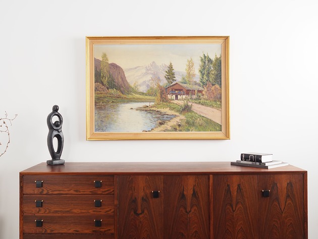 obrazy Obraz Schronisko nad górskim potokiem, skandynawski design, lata 70