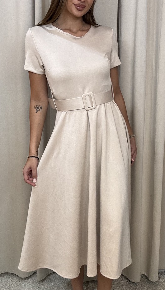 sukienki midi damskie Sukienka z paskiem Beige