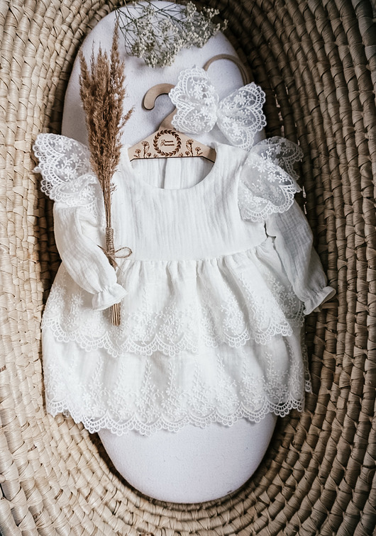 szatki, ubranie na chrzest Sukienka do chrztu chrzciny muślin boho koronka