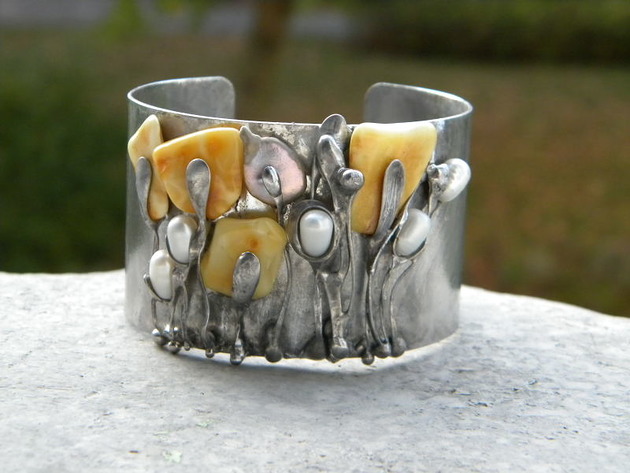 bransoletki wire wrapping Bursztyny mleczne -  bransoleta mankiet CUFF