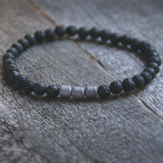 męska bransoletka : BLACK LAVA & SILVER HEMATITE kaktusia