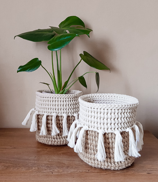 doniczki Koszyk, osłonka na doniczkę boho - naturalny