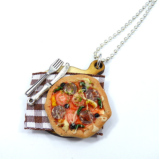 naszyjniki - inne Naszyjnik pizza, z pizzą słodka biżuteria FIMO