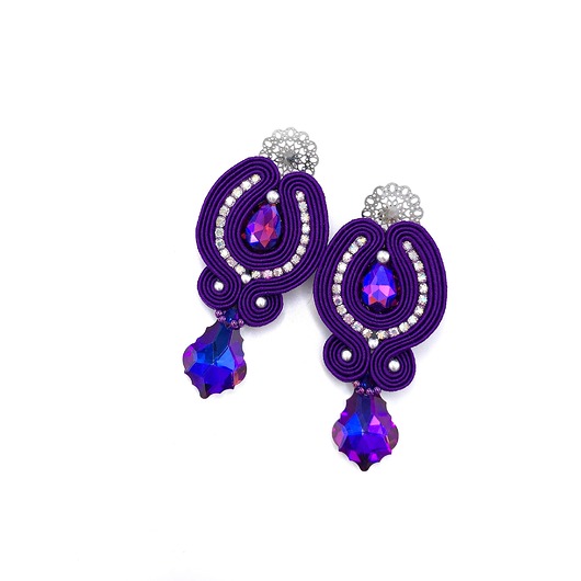 kolczyki soutache Kolczyki sutasz fioletowe sztyfty wieczorowe z kryształkami Velo
