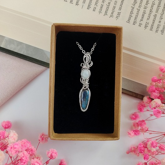 wisiory Naszyjnik Kamień księżycowy z Labradorytem stal wisiorek handmade