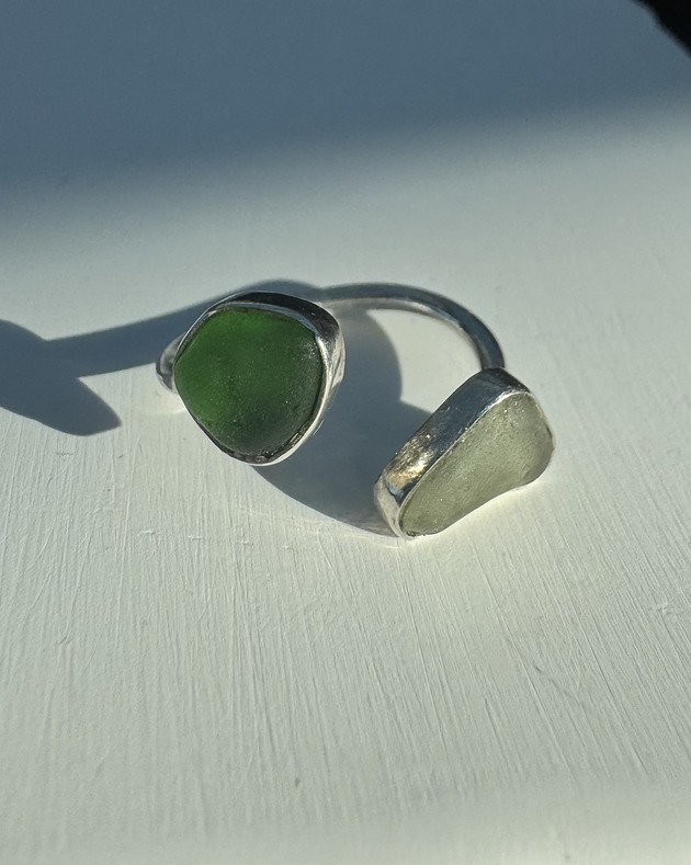 pierścionki srebrne Pierścionek Open ze szkłem morskim Doubletrouble