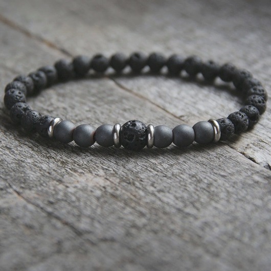 męska bransoletka : BLACK LAVA & grey HEMATITE kaktusia