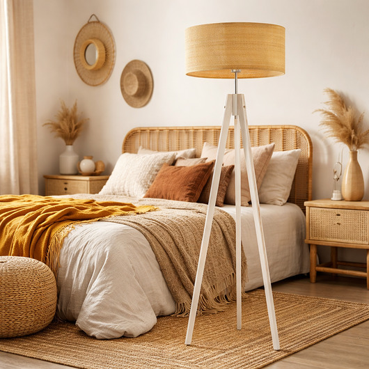 lampy podłogowe Drewniana lampa stojąca trójnóg z rattanowym kloszem HAITI BOHO
