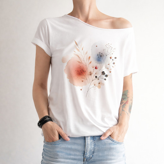 t-shirt damskie Delikatne botaniczne akcenty Biały Oversize