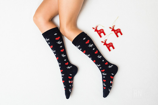 Ciepłe Skarpetki w renifery i serduszka / granat MAD Socks