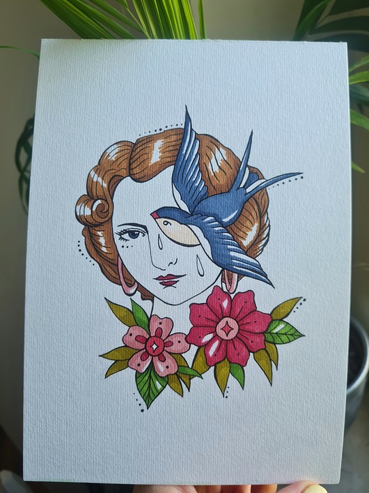 grafiki i ilustracje Obrazek Dama z Jaskółką (ręcznie malowany)