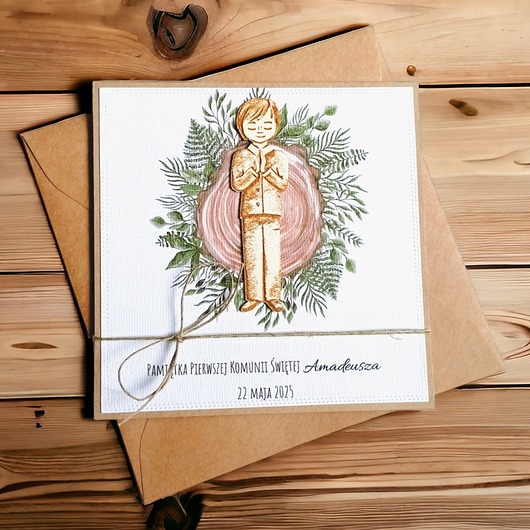 kartki na komunię Kartka, PERSONALIZACJA : I Komunia Święta : drewno: chłopiec.