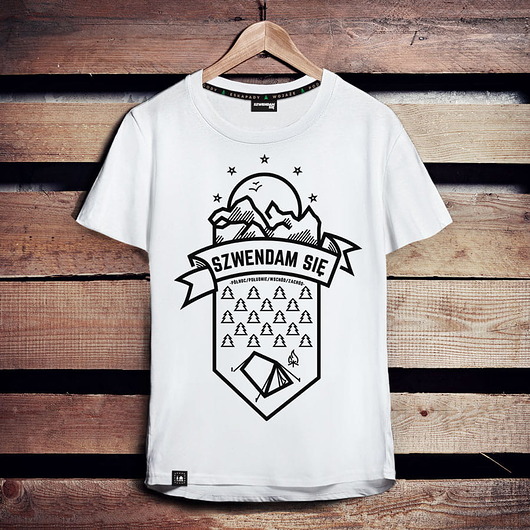 t-shirty męskie Koszulka męska SZWENDAM SIĘ/NAMIOT biała