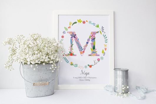 Metryczka z imieniem dziecka, inicjały PRINTLOVE