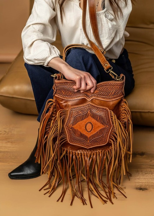 torby na ramię Torebka skórzana ręcznie robiona z frędzlami Vellore