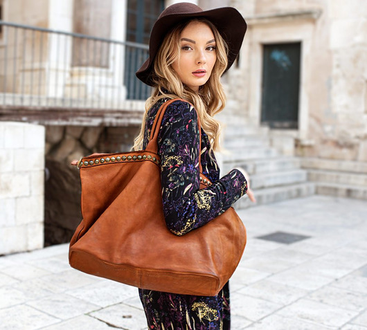torby XXL Duża torebka skórzana oversize style shopper bag brąz camel