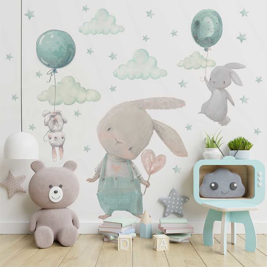 naklejki ścienne do pokoju dziecka MIĘTOWE KRÓLICZKI BALONY NAKLEJKI NA ścianę