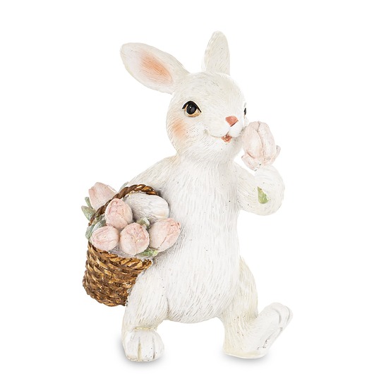 ozdoby wielkanocne Figurka - biały królik 11x6,5x6,5 cm z koszykiem różowych tulipanów