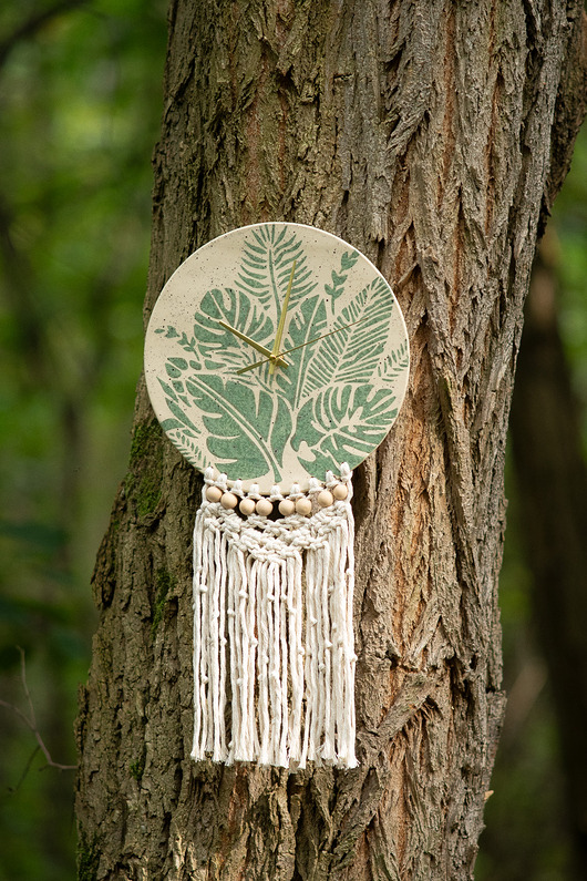 zegary Ceramiczny zegar ścienny z makramą handmade motyw botaniczny