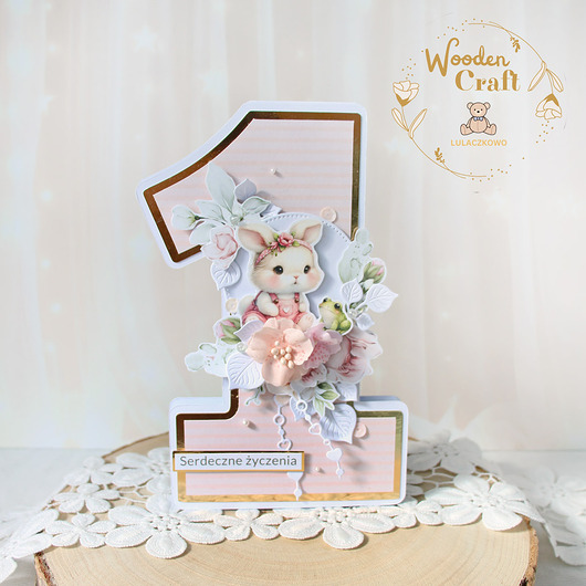 kartki, zaproszenia na chrzest Urodzinowa kartka cyferka, prezent na roczek "Bunny Love 1" GOTOWA