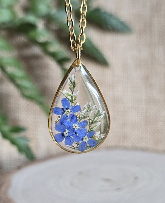 wisiory Złoty wisiorek prawdziwe kwiaty zawieszka łezka łza niezapominajki