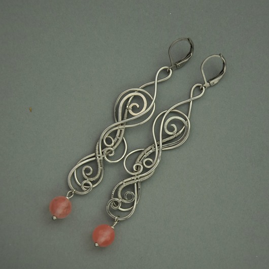 nausznice Długie, oryginalne kolczyki kwarc malinowy wire wrapping