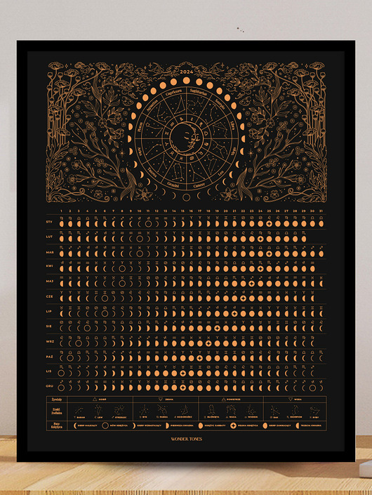 plakaty 40x50cm Plakat Kalendarz Faz Księżyca 2024 Black
