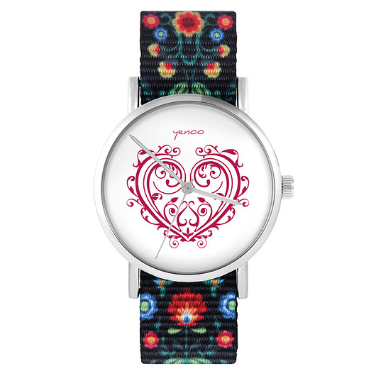 zegarki damskie Zegarek - Serce ornament - folk czarny, nato