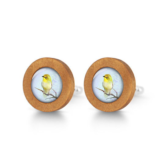 spinki do mankietów Żółty ptaszek - drewniane spinki do mankietów