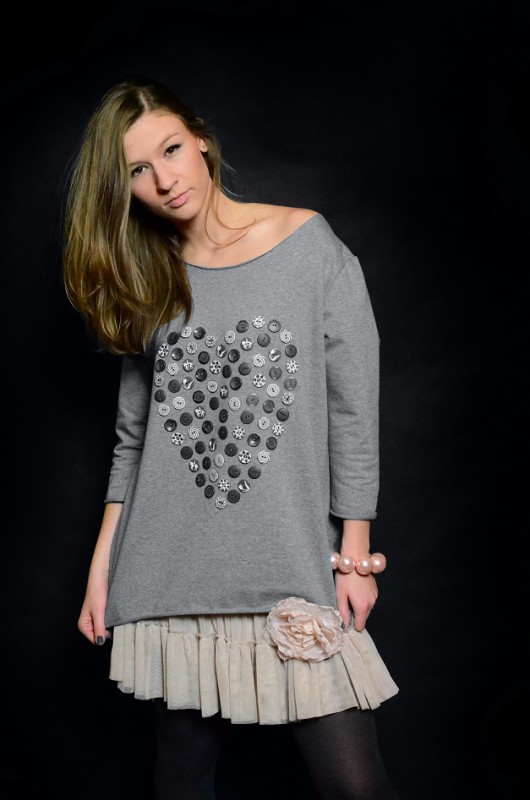 BLUZA SZARA SERCE GUZIKI - handmade - oversize Pudrowy Różowy