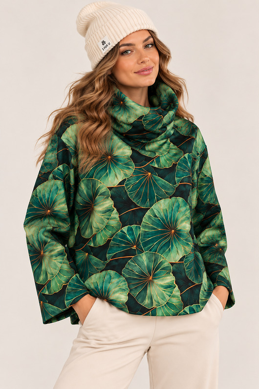 bluza bez kaptura damska Bluza z wysokim kominem BOTANICZNA ZIELEŃ