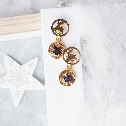 kolczyki z żywicy ŚWIĄTECZNE KOLCZYKI z reniferami i gwiazdkami, srebro pozłacane