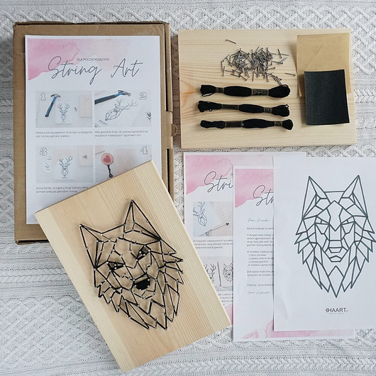 Ozdoby na ścianę BOX DIY String art  WILK  kreatywny zestaw zrób to sam