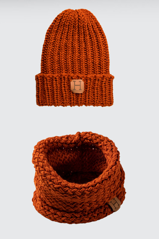 szale damskie Komin i czapka z wełny merynosa handmade ORANGE