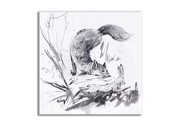 grafiki i ilustracje Lis i zając. Grafika ręcznie malowana