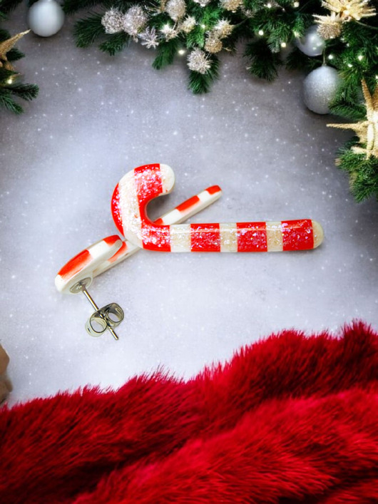 kolczyki z masy plastycznej Świąteczne kolczyki cukrowe laski candy cane handmade