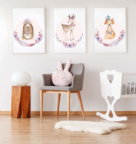Leśne Zwierzęta RÓŻ,PLAKATY dla dziewczynek Wallie Studio Dekoracji