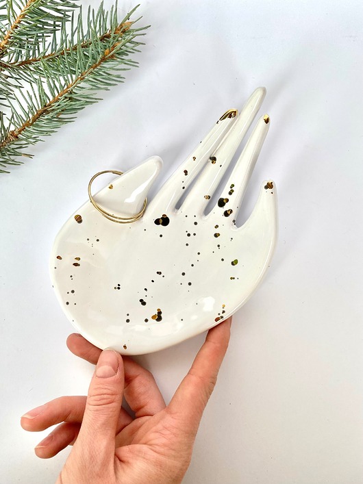 pojemniki na biżuterię Ceramiczny Stojak  na Biżuterię Dłoń Dalmatyńczyk w Złote Ciapki