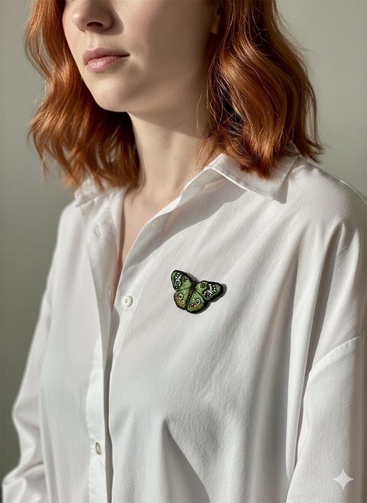 broszki Broszka UNIKAT - ręcznie haftowany, zielony motyl