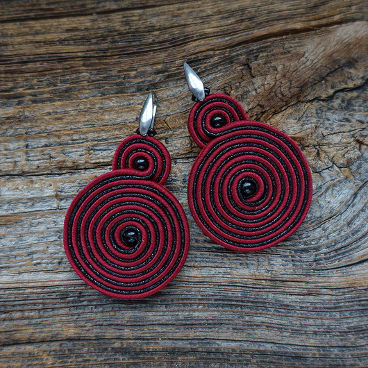 kolczyki soutache Bordowo- czarne spirale  kolczyki soutache