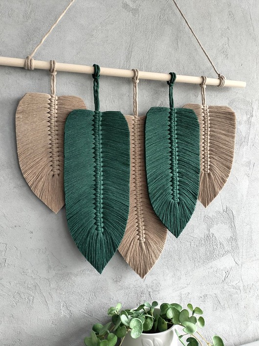 makramy Makrama Liście Butelkowa Zieleń Beż Ozdoba Boho Natura 60 cm